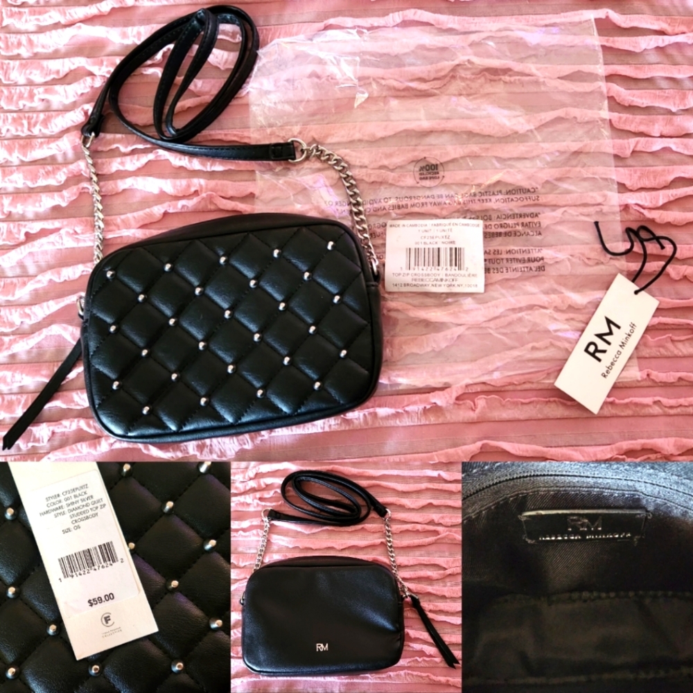 NWT Rebecca Minkoff Diamond Quilt Studded Top Zip Crossbody Bag
